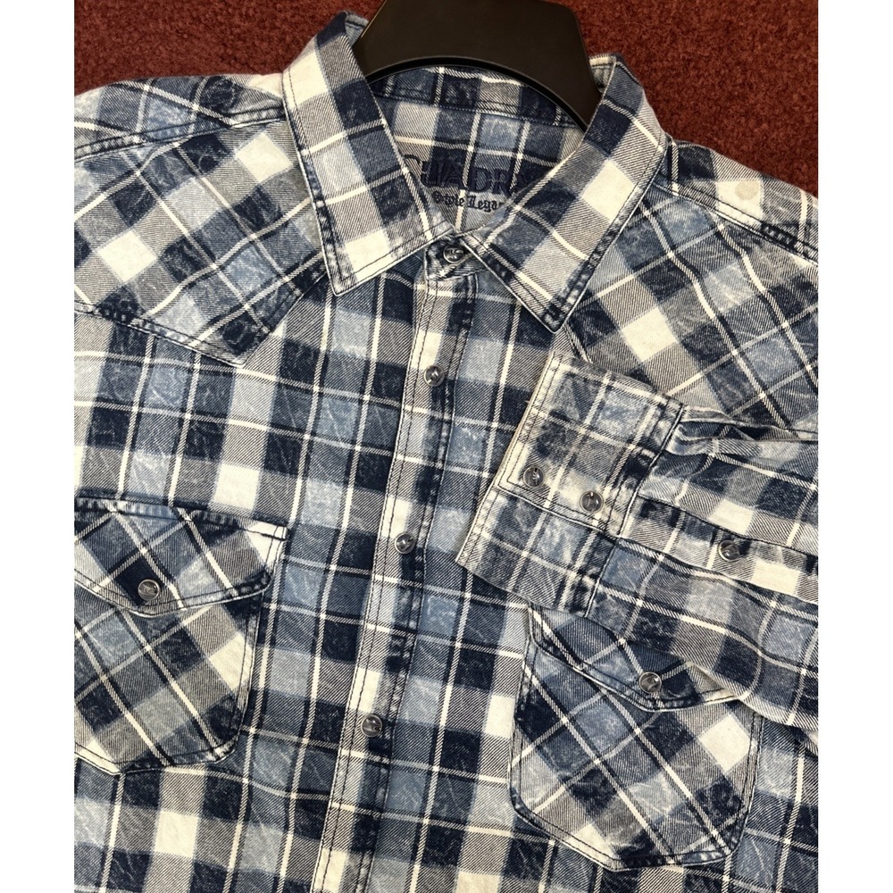 Cuadra Long Sleeve Western Distressed Blue Plaid Pearl Snap Flannel‎ Men's Large
